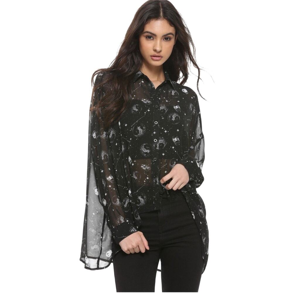 Harry Potter Women’s Sz L Button Down Long Sleeve Sheer Black Shirt Wand Hi-Low